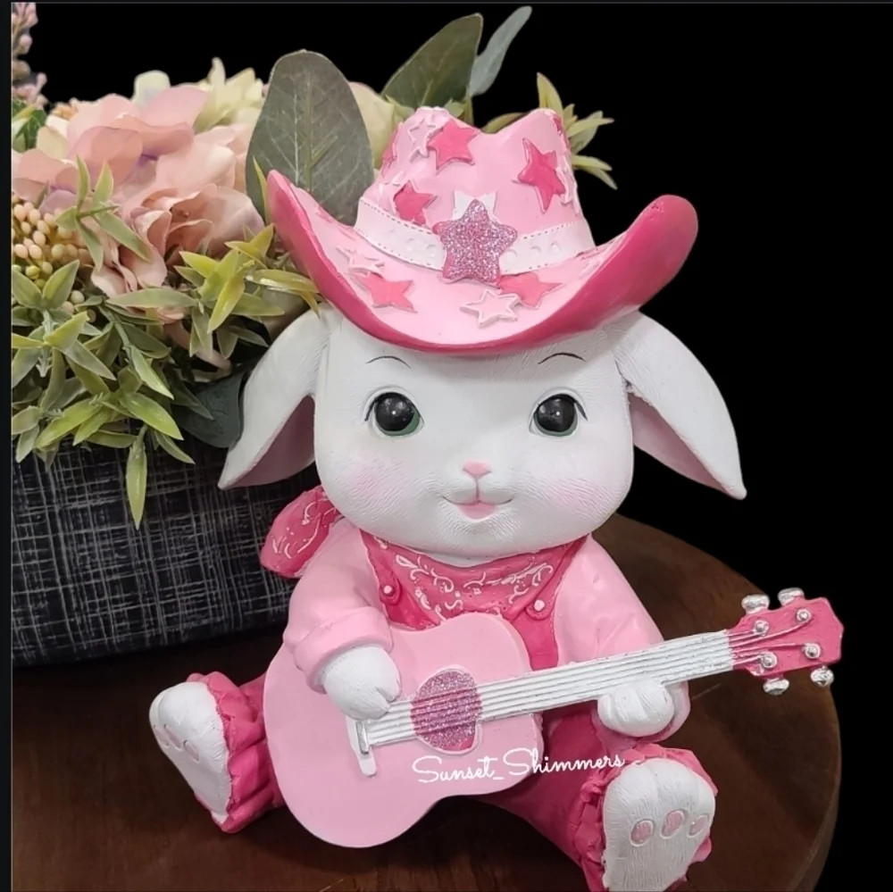 Easter Bunny Girl Sparkly Pink Cowboy Hat Overalls bandana Playing Guitar New